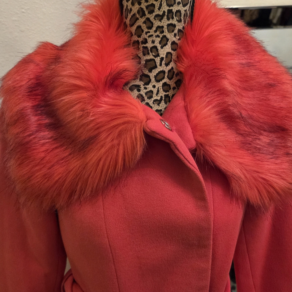 Elegant Red Faux Fur Collar Coat